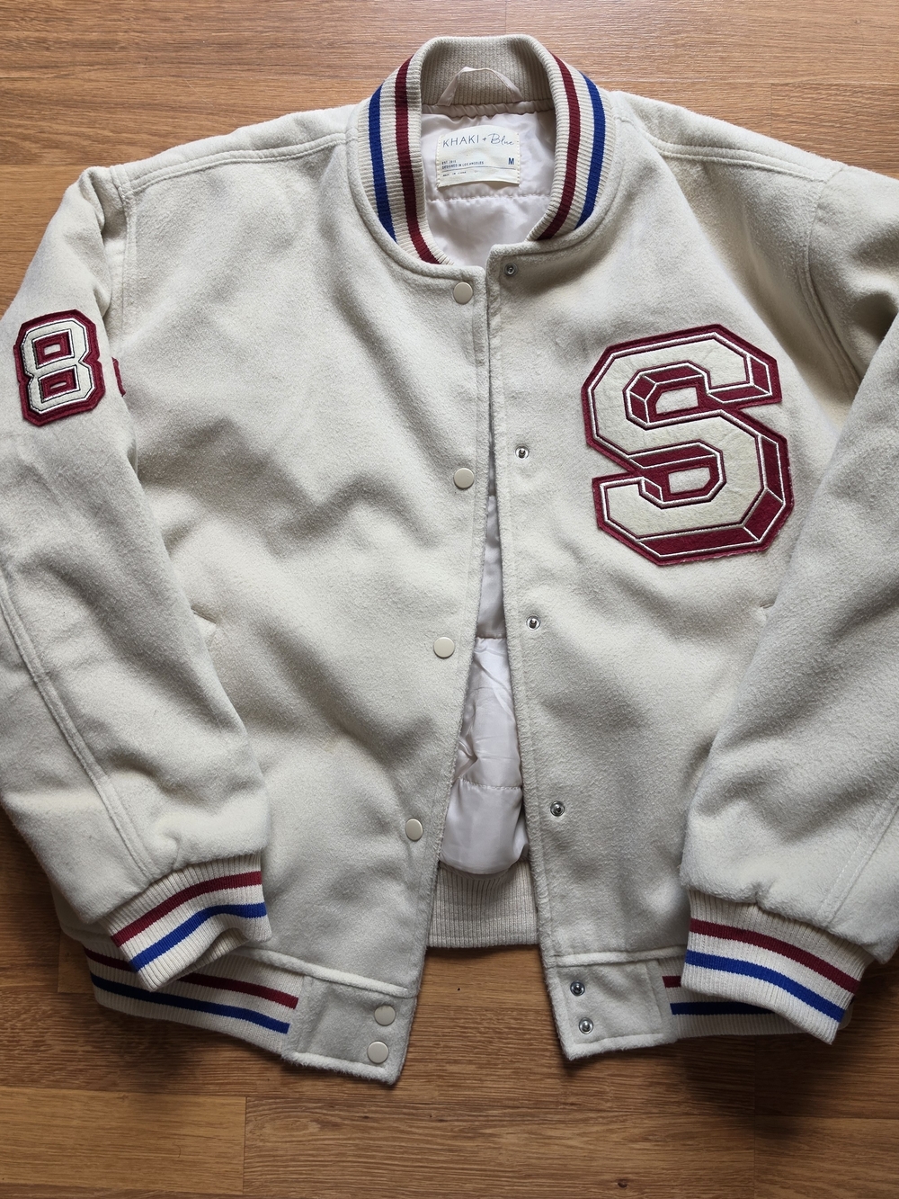 Khaki + Blue Cream Varsity Jacket with Maroon Lettering Size M